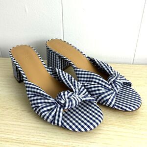 J. Crew Shoes Size 9 Navy Blue White Gingham‎ Plaid Knotted Chunky Heel Sandals